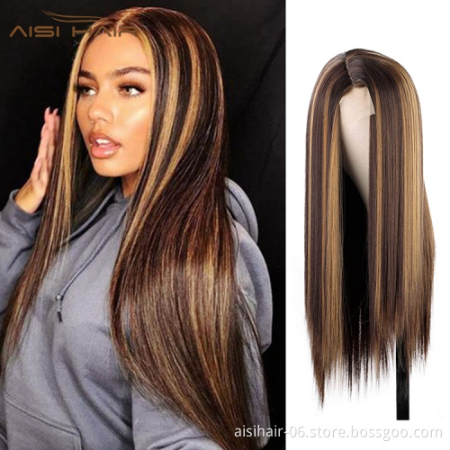 Aisi Hair Cheap Long Straight Front Lace Brown Mixed Blonde Ombre Wigs For Black Women Fiber Wigs Synthetic Highlight Hair Wigs